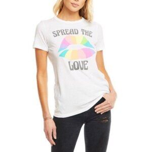 CHASER Spread The Love Tee Sz L White Rainbow Lips Graphic Print Cotton Top Y2K